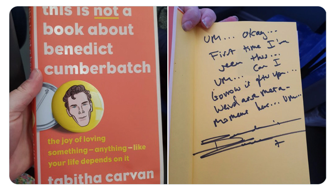 photo of a tweet post with a cover of tabitha carvans book autographed by actore benedict cumberbatch